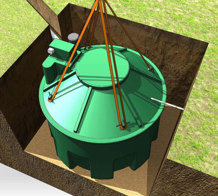 Illustration of an underground water storage tank being installed in a dug-out pit. The green cylindrical tank, similar to those used for septic tanks in domestic and commercial settings, has a domed top and is being lowered into the pit with orange straps attached to lifting equipment. The surrounding area is grassy.