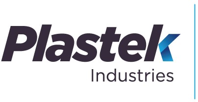 The image displays the logo of Plastek Industries. The word "Plastek" is written in bold, black letters, with the letter "k" partially colored in blue. Below "Plastek," the word "Industries" is written in smaller, black letters. Plastek specializes in commercial wastewater systems and AWTS solutions.