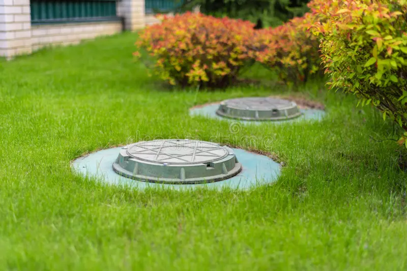 Two green, round septic tank covers are situated in a well-maintained, lush green lawn. The covers are surrounded by small, neatly trimmed bushes with red-tinted leaves, adding a touch of color to the domestic garden scene. A white brick wall and a black fence are visible in the background.