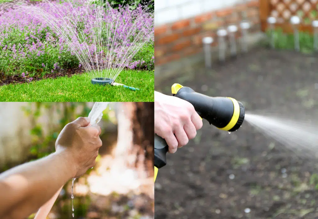 A collage of three images showing gardening activities. The top-left image depicts a sprinkler watering a lawn and garden. The bottom-left image shows a person holding a water hose near AWTS septic tanks. The right image features a person using a commercial hose nozzle to water a garden bed.