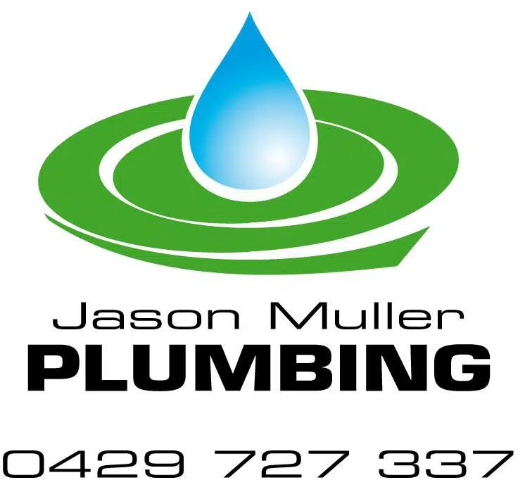 Logo for Jason Muller Plumbing featuring a blue water droplet above a green swirl design. Text below reads "Jason Muller PLUMBING" and the contact number "0429 727 337." Specializing in domestic and commercial services, including septic tanks.