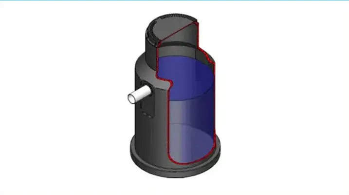 A digital 3D model of a cylindrical container with a cutaway section revealing the interior, often used in domestic or commercial settings. The exterior is black, and the interior is blue. There is a cylindrical protrusion on the side of the container near the base. The cutaway section outlines are red.