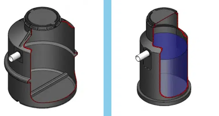 Two diagrams of a black cylindrical object with a spout. The left image shows a solid model, while the right image reveals an interior view with a blue transparent section, indicating the internal structure and compartments typical in domestic septic tanks.