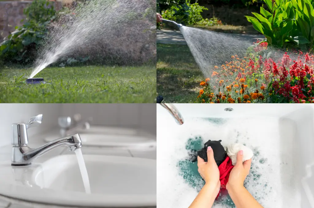 A collage capturing four water-related activities: a sprinkler nourishing the grass, a person watering flowers with a hose, water flowing from a bathroom sink faucet, and hands washing clothes in soapy water. These everyday scenes remind us of the crucial role wastewater systems play in our homes.