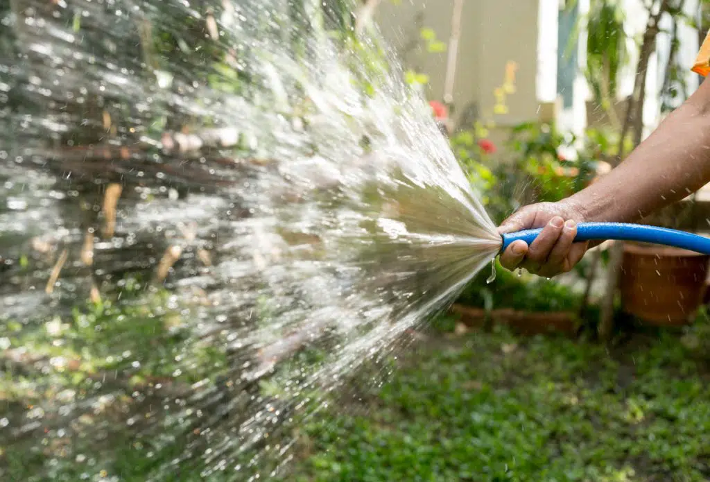 A person holding and spraying water from a blue garden hose, creating a wide, fan-shaped spray. The background is blurred, showing greenery and plants in a domestic outdoor garden setting.